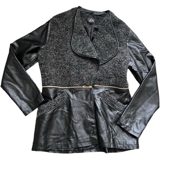 Luii Faux Leather Jacket Zipper Convertible Coat Black and Grey Boucle Size XL - Picture 2 of 16